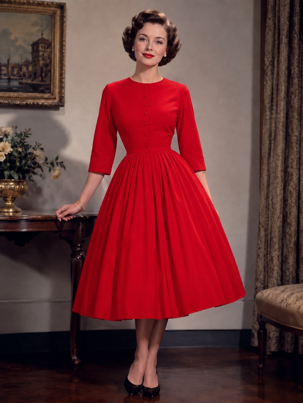 Gorgeous Vintage 1950s Red Wool Fit Flare Party Dress